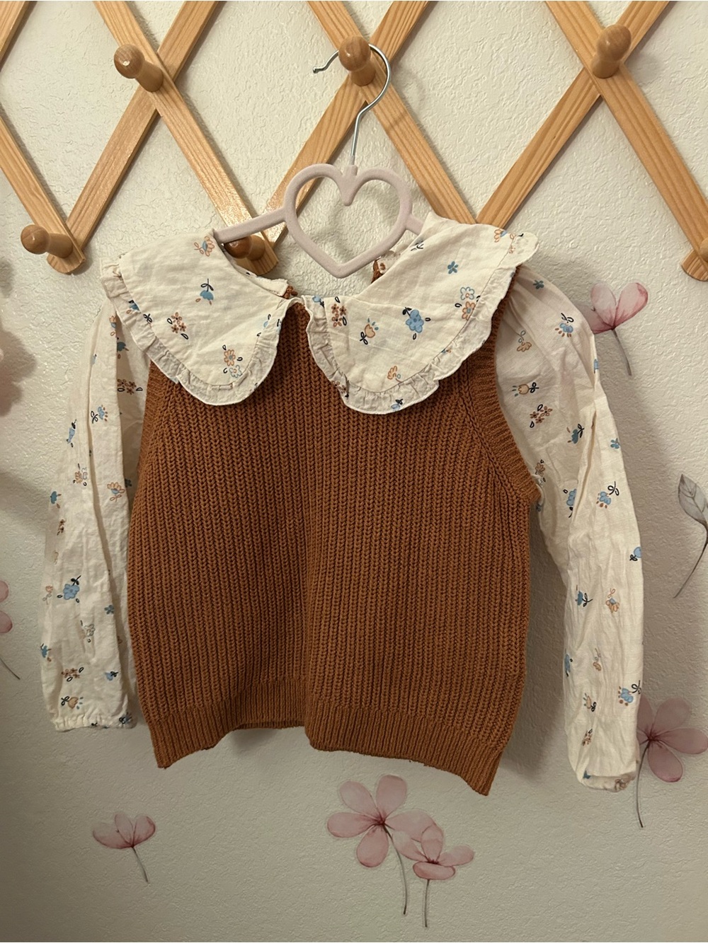 Zara Girls Layered Sweater Vest with Floral Collar — Rust & Cream